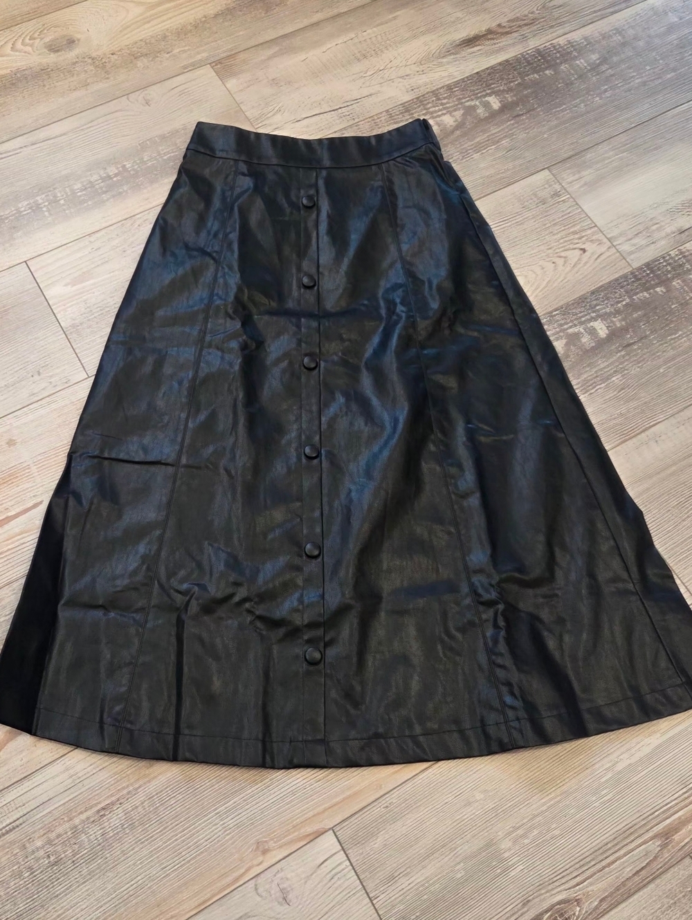 Black Faux Leather A-Line Button-Front Skirt